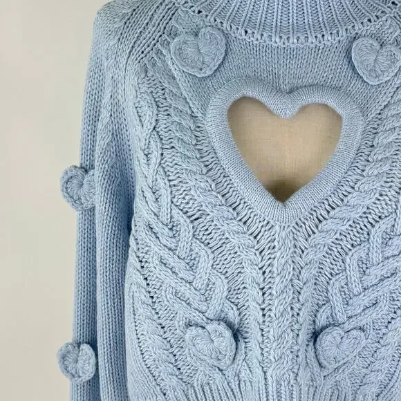 NWT FOR LOVE & LEMONS Rebecca Heart Sweater Size S & M in Blue Knit Turtle Neck - Picture 8 of 11
